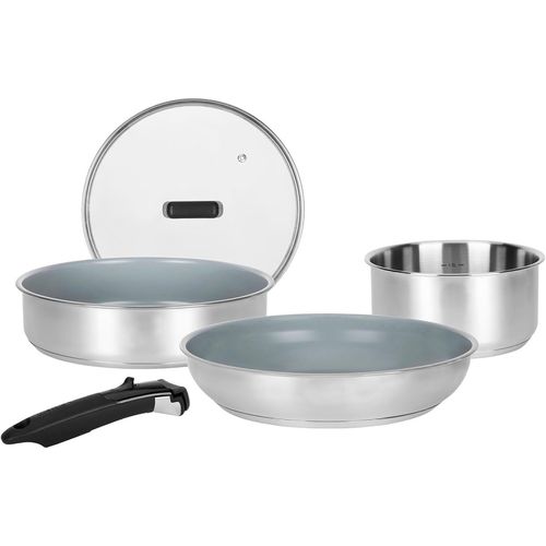 Kyaoayo-716744 Batterie De Cuisine Inox 5 Pcs 1 Manche Amovible, 1 Casserole Ø18cm, 1 Poêle Ø28cm, 1 Sauteuse Ø24cm, 1 Couv Verre - Revêtement Antiadhésif Sain En Céramique - Tous Feux Dont Induction