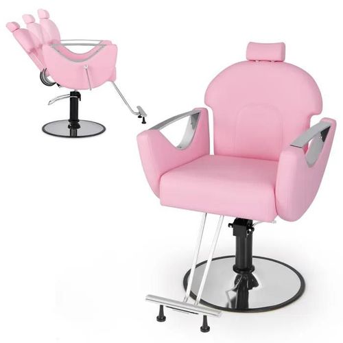 Costway Fauteuil Barbier Hydraulique Rotative Pour Salon De Coiffure - Hauteur Réglables 75-87 Cm - Appui-Tête - Charge 150kg Rose