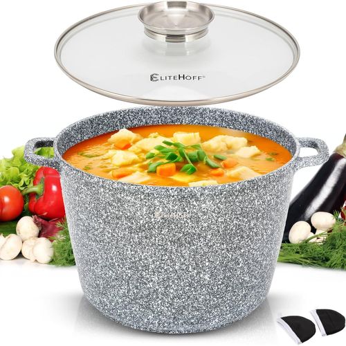 Kyaoayo-Casserole De Cuisson Antiadhésive Avec Couvercle, Pot À Soupe En Aluminium, Grand Pot À Induction En Marbre, Pot À Induction Pour Tous Types De Cuisinières (Gris, 10l Ø 28 Cm)