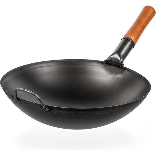 KYAOAYO-Woks Et Poêles À Frire 36 Cm - Wok À Fond Rond Pré-Assaisonné - Wok Acier Carbone Noir - Compatible Avec Les Cuisinières À Gaz Et Les Feux Ouverts - Grand Wok Chinois Traditionnel