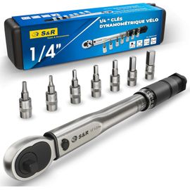 Clé Dynamométrique 1/4 Vélo Moto (5-25Nm) 27.2 cm. Coffret Clé avec 7 Douilles Allen Torx : H10,H8,H6,H5,H4,H3,T25 en Acier C-V. Set Professionnel et Complet
