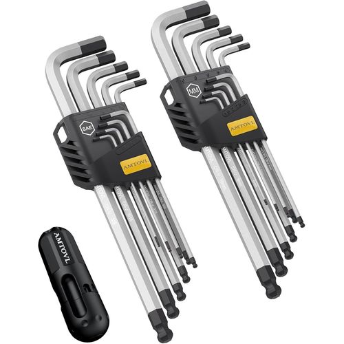 18PCS Jeu de Clés Hexagonales Jeu de Clés Allen Métriques et SAE Extra Longues avec Poignée en T à Bout Sphérique CRV & Acier S2 1.5mm-10mm,1/16-3/8 pour Réparation De Vélo Bricolage Ménager