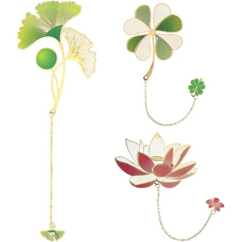 3 X Metal Bookmark Pendant Bookmark,Flower Mark,3d Leaf Bookmark For Book Lovers,Readers,Teenagers,Women,Men (Lotus,Ginkgo,Four-Leaf Clover)