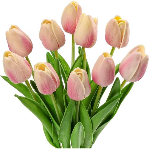 10 Pièces Tulipes Artificielles Fausses Fleurs Réalistes (Rose), Real Touch Fausses Fleurs Tulipes Artificielles en Latex Décoratif pour la Décoration Intérieure Arrangement de Fleurs Oranges Cuisine