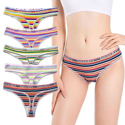 5 Pièces Femmes Coton Tongs Femme Culotte Taille Basse Coloré T-Back G-String M Dames Rayé Bikini Caleçon Intimes