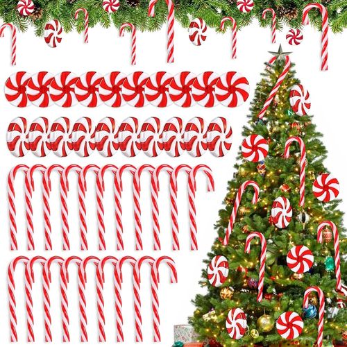 40 Pcs Canne de Bonbons Plastique de Noël, Suspendus Candy Cane de Noël Bonbons Acrylique Pendentif, avec des Cordes pour la Fête de Noël