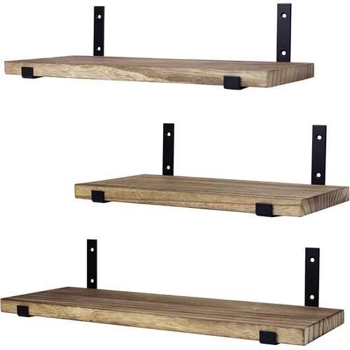 Lot De 3 Étagères Murales Flottantes En Bois | Équerres En Métal | Décoration Et Rangement : Cuisine, Salon, Chambre | Fixation Au Mur | Finition Flambée | Design Industriel | Noir Carbone.[G100]