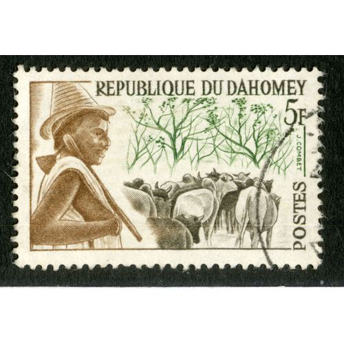 Timbre Oblitéré République Du Dahomay, Postes, 5 F