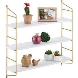 Étagère Murale, Hxlxp: 60 X 60 X 15 Cm, Rangement À 3 Niveaux, Mdf & Fer, Support Salon, Blanc - Or.[G204]