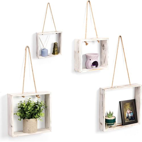 Lot De 4 Etagere Murale Carrée En Bois - 4 Tailles - Etagere Suspendue Corde - Cube Etagere Pour Salon, Chambre, Cuisine, Salle De Bain & Déco.[G217]