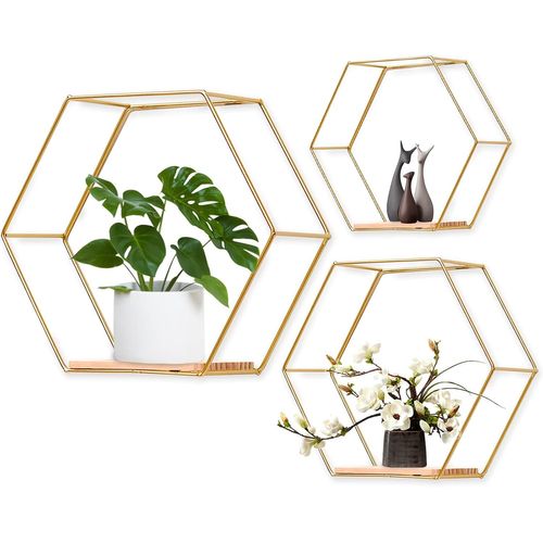 Etagere Murale Hexagonale Lot De 3, Etagere Murale Bois Étagère Murale, Decoration Murale Etagere Rangement Pour Salon, Chambre, Cuisine, Salle De Bains, Café Et Hôtel, Or.[G254]