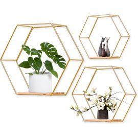 Etagere Murale Hexagonale Lot De 3, Etagere Murale Bois Étagère Murale, Decoration Murale Etagere Rangement Pour Salon, Chambre, Cuisine, Salle De Bains, Café Et Hôtel, Or.[G254]