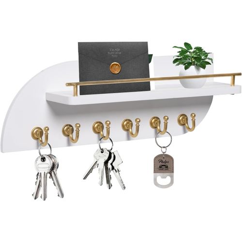 Porte-Clés Pour Mur, Organiseur De Clés Et De Courrier Décoratif Avec 6 Crochets En Métal Robustes Et Étagère Flottante, Porte-Clés Mural En Bois De 35,6 Cm Pour Entrée, Blanc Et Doré.[G349]