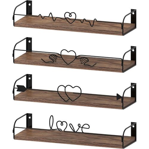 Lot De 4 Etagere Murale Flottante En Forme De C?Ur, Étagère En Bois Rustique Avec Métalliques Noir Avec Motifs C?Ur, Pour Chambre Cuisine Salon Et D'enfant.[G386]