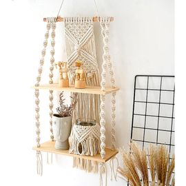 Étagère Murale, En Bois Et Macramé, Décoration Bohème, Avec Pompons, Tissée À La Main, Pour Décoration Murale, Salon, Balcon, Motif De Plantes.[G376]