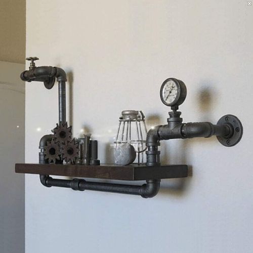 Étagère Murale Industrielle En Métal Noir - Étagère En Bois Avec Compteur Et Robinet - Étagères Décoratives Vintage Pour Salon, Cuisine, Chambre À Coucher, Salle De Bain - 70 X 40 X 20 Cm.[G443]