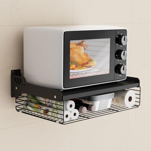 Support Micro Onde Mural, Etagere Micro Onde 2 Niveaux Avec Panier Rangement, Support Mural Micro Onde En Acier Au Carbone, Suspendu Meuble Micro Ondes Cuisine Rangement Noir, 55 * 35 * 16 Cm.[G461]