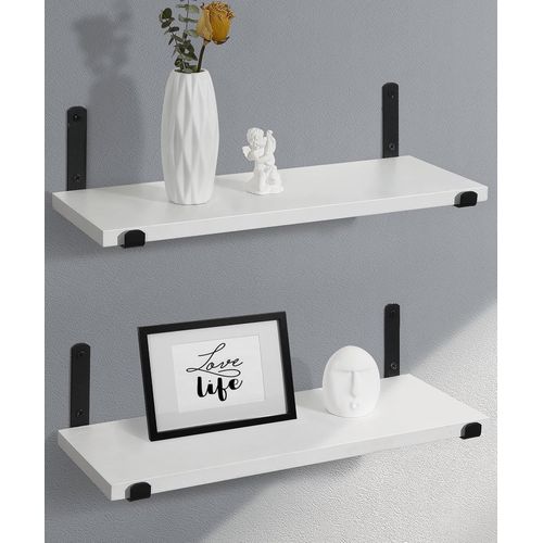 Etagere Murale Blanche Bois Metal Noir Salle De Bain Chambre Cuisine Moderne Design Domicile Decorer, Lot De 2.[G138]