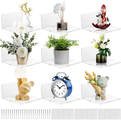 Lot De 12 Petites Étagères Murales En Acrylique De 10 Cm - Petites Étagères Murales Avec 24 Autocollants Et 24 Vis Pour Figurines D'action Et Caméras De Surveillance.[G492]