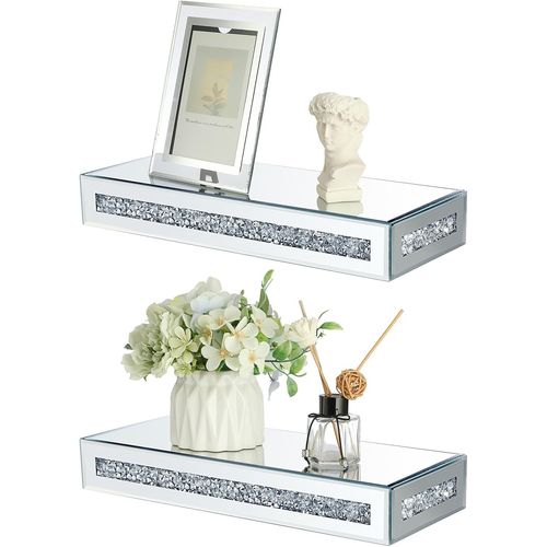 Lot De 2 Étagères Flottantes Rectangulaires En Verre Miroir Avec Diamants Écrasés - Fixation Murale - Étagère De Rangement Décorative - 38 X 15 X 5,8 Cm.[G687]