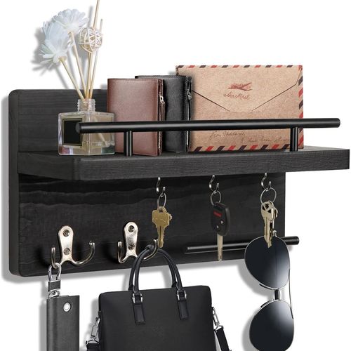 Porte-Clés Mural Décoratif Avec 5 Crochets À Clés, Porte-Clés Mural Pour Mur Avec Porte-Clés De Courrier, Organiseur De Courrier En Bois Avec Étagère, Décoration Pour Entrée, Vestibule (Noir).[G850]
