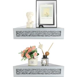 Lot De 2 Étagères Flottantes Triangulaires En Verre Miroir Avec Diamants Écrasés ¿ Support Mural De Table, Étagères De Rangement Décoratives, 25 X 25 X 35 Cm, Hauteur 8 Cm.[G821]