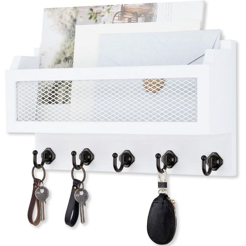 Porte-Lettres Et Clés Pour Décoration Murale, Organiseur De Clés Mural En Bois De 27,9 Cm Avec 5 Crochets Pour Clés, Étagère De Rangement Murale Pour Entrée, Couloir (Blanc).[G910]