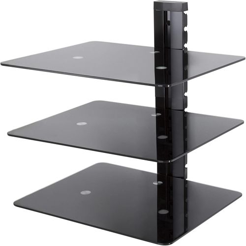 King Étagère En Verre Noir Avec Support Mural Pour Lecteur Dvd/Blu-Ray, Console, Amplificateur, Étagères X 3, Noir.[G1032]