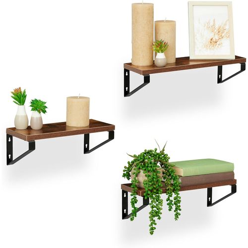 Étagère Murale, Lot De 3, Design Industriel, Différentes Tailles, Supports Flottants, Mdf & Acier, Marron-Noir.[G834]