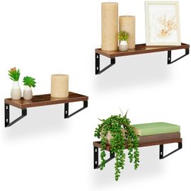 Étagère Murale, Lot De 3, Design Industriel, Différentes Tailles, Supports Flottants, Mdf & Acier, Marron-Noir.[G834]