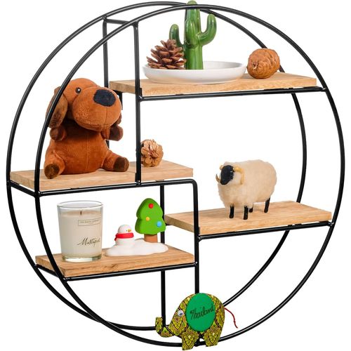 Étagère Murale Industrielle En Bois Et Métal - Étagère Ronde Pour Décoration Salon, Chambre À Coucher, Cuisine Et Salle De Bain - Étagère Murale En Métal - Noir - 42 X 10 Cm.[G530]