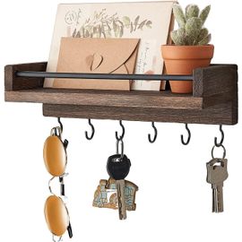 Porte-Clés Mural, Accroche Clé, Crochet Clé Mural, Étagère Flottante En Bois Rustique Pour Entrée Ou Bureau Avec 6 Crochets En Métal.[G759]