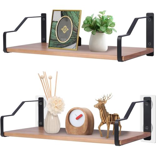 Lot De 2 Étagères Murales Flottantes Rustiques En Bois Massif Sans Perçage Pour Chambre À Coucher, Salle De Bain, Salon, Cuisine, Grande Taille, 44 X 18,5 Cm, Noir.[G716]