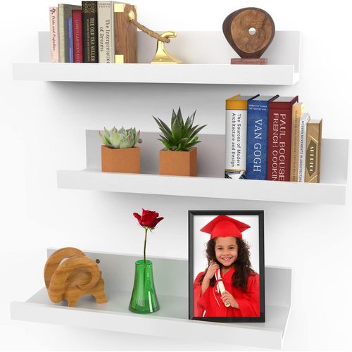 Lot De 3 Étagères Murales Flottantes De 40 Cm En Blanc Poudré, Style Rustique Moderne, Présentoirs Muraux, Corniches Pour Photos Par.[G562]