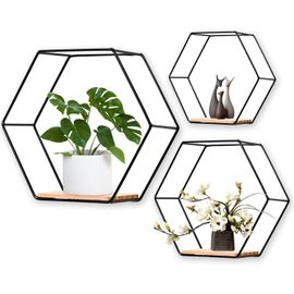 Lot De 3 Étagères Murales Hexagonales En Métal Et Bois - Pour Étagère De Cuisine, Salle De Bain, Chambre À Coucher, Décoration Murale (Noir).[G184]