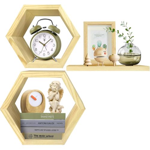 Etagères Murales Lot De 3, Étagère Flottante En Bois De Pin,Étagère De Rangement Suspendue,Design Moderne Et Rustique Pour Salon Chambre Bureau Salle (Couleur Du Bois).[G178]