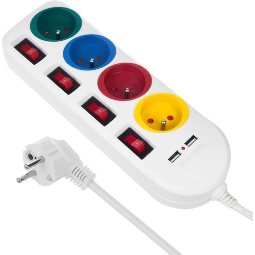 MCE229 W Bloc multiprises rallonge 4 Prises + 2X USB avec interrupteurs 250VAC/10A, 2.1A 5V, 1.5m Blanc.[G284]