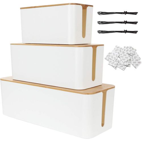 Lot 3 Boîte Cache Câble, Boîte de Rangement Câbles Electriques avec Bois Couvercle, Boite Cache Multiprise pour Protection de Câble et Prise Electriques avec 20 Autocollants Double Face.[G1158]