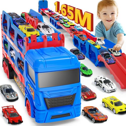 Camion Transporteur Voiture pour garçons de 3, 4, 5, 6 Ans, 165cm de Pistes Pliables Avec éjecteurs et 10 Mini Voitures, Facile à Transporter, Camion de Course pour enfants, Cadeaux Jouets.[G15]
