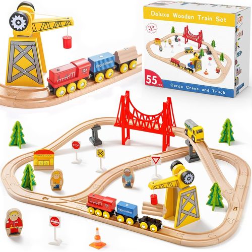 55 Pcs Circuit Train en Bois, Train Enfant with Grue, Train et Piste Compatible avec Brio Compatible avec Thomas et Grandes Marques Mainstream, Train Jouet pour Enfants 2 5 Ans.[G214]