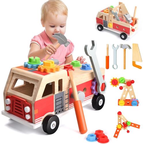 Jouet en Bois Outil, Boite a Outil pour Enfant, Voiture Jouet en Bois,Montessori Educatifs Jeux, 30 Pièces Jeux avec Boîte à Outils, Cadeau Garcon Fille 2 3 4 Ans(Camion de Pompier).[G559]