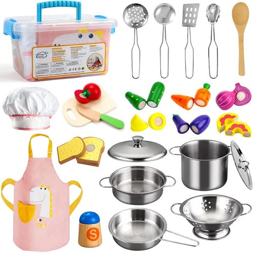 Ensemble de Cuisine pour Enfant, Ustensiles de Cuisine Jouet en Bois avec Acier Inoxydable Casseroles et Poêles,Tablier et Toque, Chef Jeu de rôle pour Garçons et Filles 3 Ans (24 PCS).[G584]