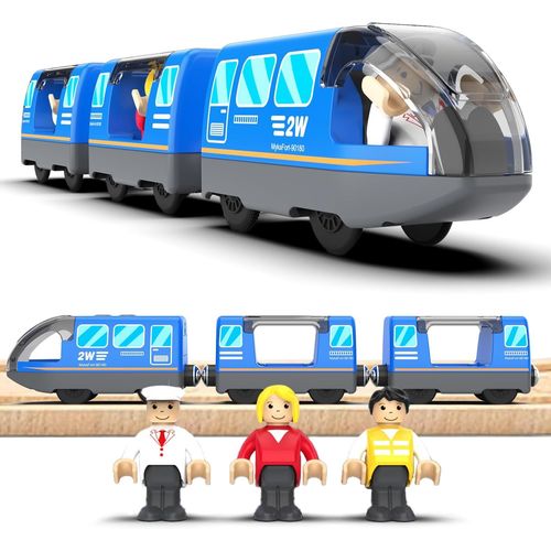 Train de locomotives à Piles, Ensemble de Jouets Magnétique de Train électrique, Montessori Train en Bois, Compatible avec Thomas, Brio, Jouet pour Tout-Petits Enfants garçon, Bleu.[G719]