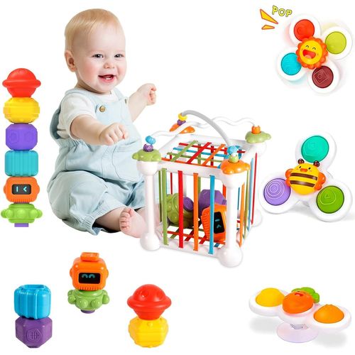 Jouet Montessori 12 Mois, Jeux de Motricité, Jeu de Tri de Formes, avec 3 Jouets à Ventouse et Labyrinthe de Perles, Jouets d'apprentissage Précoce pour Enfant Garçon et Fille 1 2 3 Ans (12Pcs).[G743]