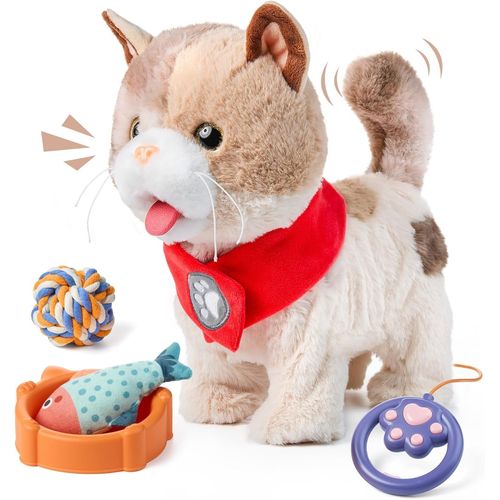 Interactif Électronique Chat en Peluche Jouet pour Enfants,Réaliste Chat qui Marche Jouet qui Marche,Miaule,Tire la Langue et Remue la Queue,Jouet pour Chaton avec Leash,Cadeau pour Garçon et.[G735]