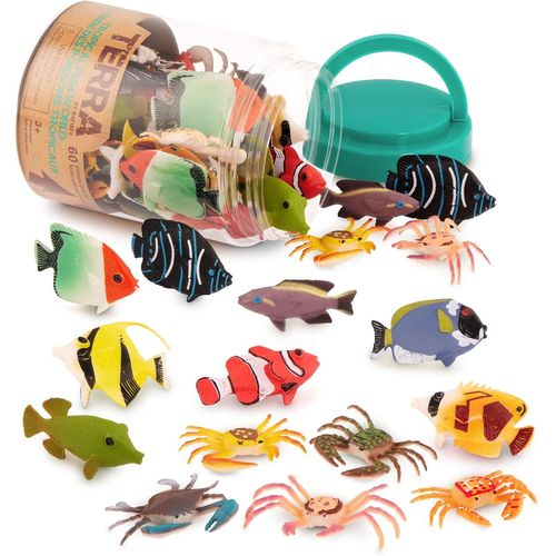60 pièces Figurines Aquatiques Mini Figurines d'animaux réalistes Poissons Clown, Poissons chirurgiens Bleus, crabes Jouets éducatifs pour Enfants, 3 Ans Plus.[G777]