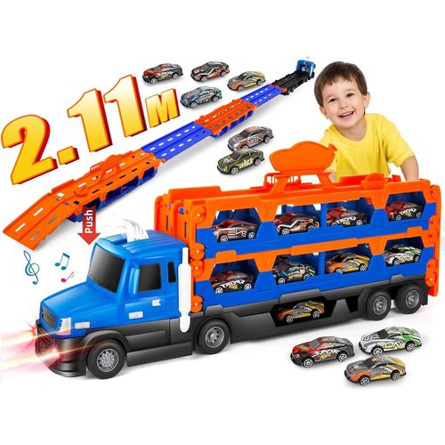Camion Transporteur Voiture, Jouet Enfant Garcon 2 Ans et Plus, Jouets de Camion avec 10 Petites Voitures à Friction et Piste de Course Éjectable, Cadeau pour Enfant de 3 4 5 Ans.[G1162]