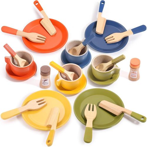 Jouet de Cuisine en Bois Ensemble d'assiettes et de Couverts pour Enfants Accessoires de Cuisine 26PCS Cadeau de Jeu de rôle pour Les Enfants de 3+ Ans.[G978]