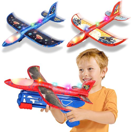 Avion Polystyrene Planeur avec Pistolet Catapulte, 3 Pièces Avion Jouet Volant Enfant LED Maquette Avion, Jeux de Lancer Exterieur Intérieur Cadeau Anniversaire Garçon Fille Ado 3 4 5 6 7 8 9.[G1371]