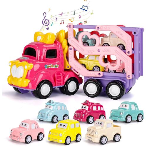 Jouet de Camion pour Enfant 1 2 3 Ans, 7-en-1 Camion Jouet Enfant Cadeau Fille avec Lumière et Musique Cadeau Camion de Transport à 3 Couches pour les Bébés et les Filles, Cadeau d'anniversaire.[G801]